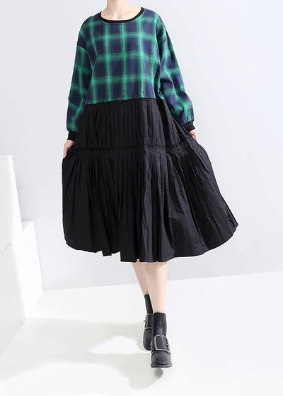 Classy long sleeve cotton clothes Photography green plaid patchwork Plus Size Dresses - bagstylebliss