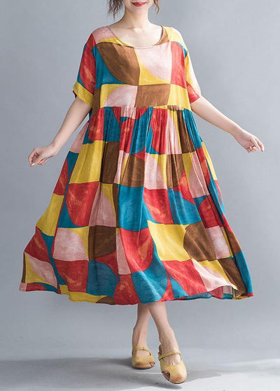 Classy multicolor plaid cotton clothes Women o neck Cinched Kaftan summer Dress - bagstylebliss