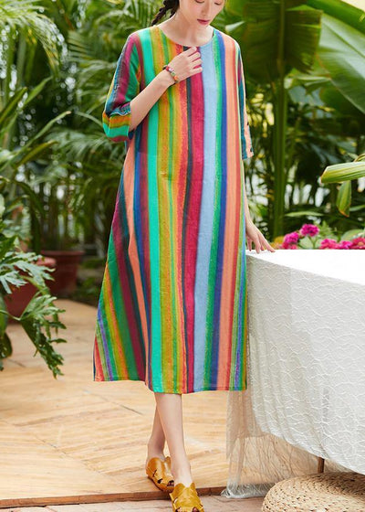 Classy multicolor striped linen clothes For Women o neck pockets summer Dresses - bagstylebliss