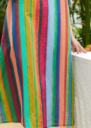 Classy multicolor striped linen clothes For Women o neck pockets summer Dresses - bagstylebliss