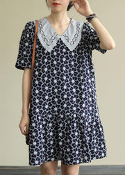 Classy navy print Cotton patchwork short sleeve baggy Dresses - bagstylebliss