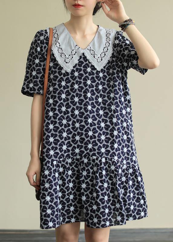 Classy navy print Cotton patchwork short sleeve baggy Dresses - bagstylebliss