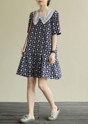 Classy navy print Cotton patchwork short sleeve baggy Dresses - bagstylebliss