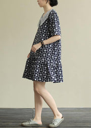 Classy navy print Cotton patchwork short sleeve baggy Dresses - bagstylebliss