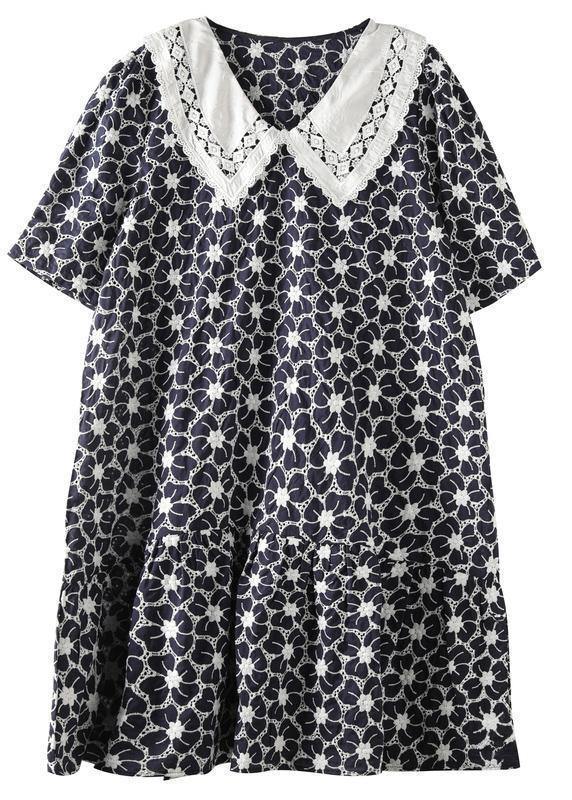 Classy navy print Cotton patchwork short sleeve baggy Dresses - bagstylebliss