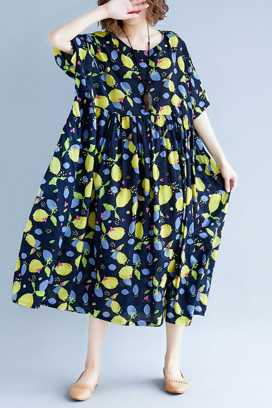 Classy navy print linen dresses plus size Work o neck short sleeve cotton robes Summer Dresses