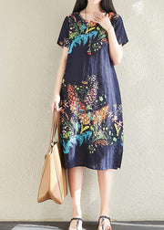 Classy navy prints cotton Tunics short sleeve oversized summer Dresses - bagstylebliss