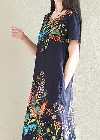 Classy navy prints cotton Tunics short sleeve oversized summer Dresses - bagstylebliss