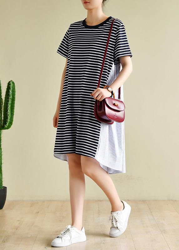 Classy navy striped clothes o neck patchwork baggy Dress - bagstylebliss