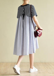 Classy navy striped clothes o neck patchwork baggy Dress - bagstylebliss