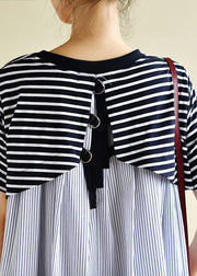 Classy navy striped clothes o neck patchwork baggy Dress - bagstylebliss