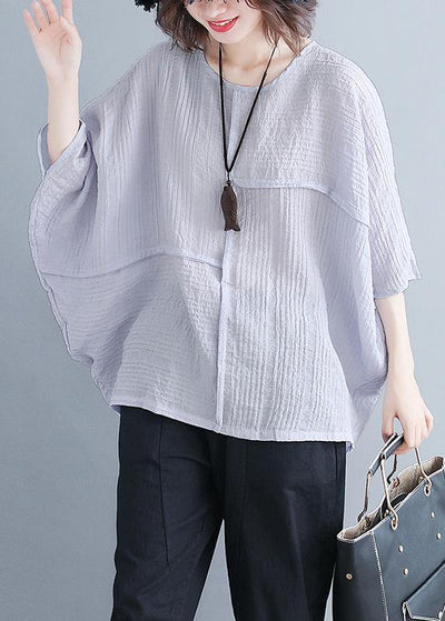 Classy o neck Batwing Sleeve patchwork cotton blended Shirts Women design gray purple baggy tops Summer - bagstylebliss