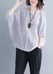 Classy o neck Batwing Sleeve patchwork cotton blended Shirts Women design gray purple baggy tops Summer - bagstylebliss