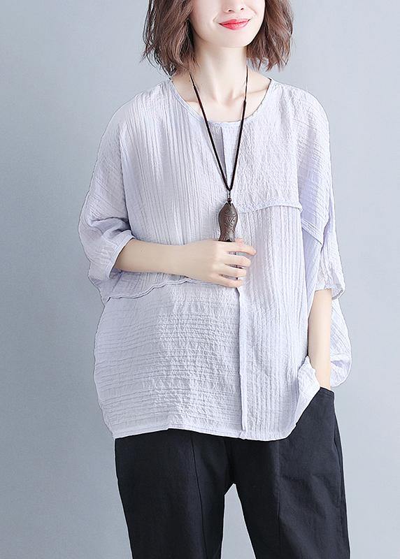 Classy o neck Batwing Sleeve patchwork cotton blended Shirts Women design gray purple baggy tops Summer - bagstylebliss