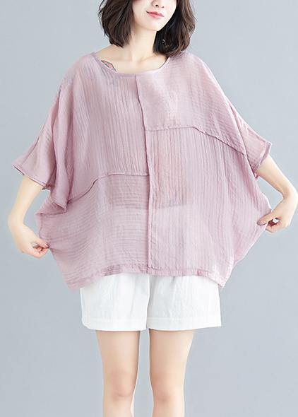 Classy o neck Batwing Sleeve patchwork cotton blended tops women blouses Boho Outfits pink short blouse Summer - bagstylebliss