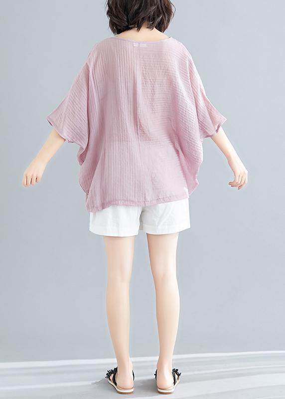 Classy o neck Batwing Sleeve patchwork cotton blended tops women blouses Boho Outfits pink short blouse Summer - bagstylebliss