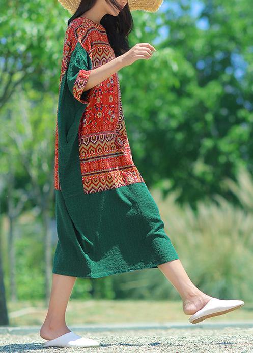 Classy o neck asymmetric cotton quilting dresses Tunic Tops red patchwork blackish green Art Dresses summer - bagstylebliss