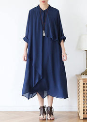 Classy o neck asymmetric fall for women long Sleeve blue long Dresses - bagstylebliss