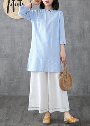 Classy o neck embroidery linen Robes Work light blue Dress - bagstylebliss