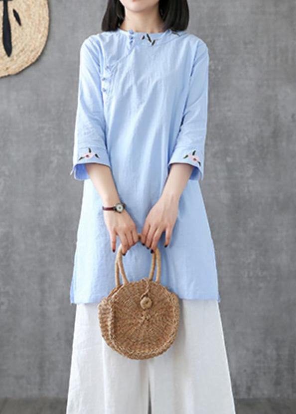 Classy o neck embroidery linen Robes Work light blue Dress - bagstylebliss