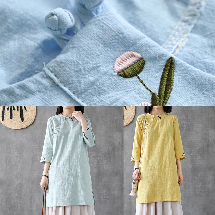 Classy o neck embroidery linen Robes Work light blue Dress - bagstylebliss