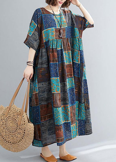 Classy o neck exra large hem cotton linen dresses Runway blue print Dress - bagstylebliss