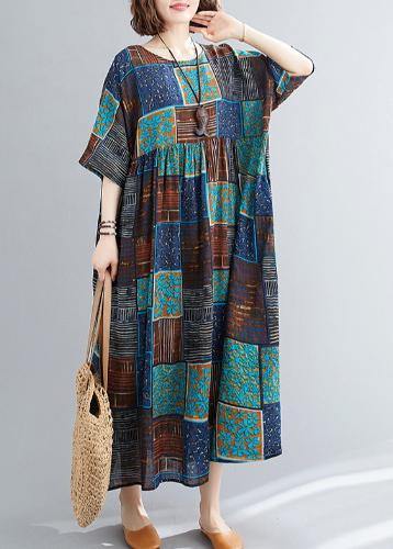 Classy o neck exra large hem cotton linen dresses Runway blue print Dress - bagstylebliss