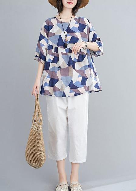 Classy o neck lantern sleeve linen summer tunics for women blue print shirts - bagstylebliss