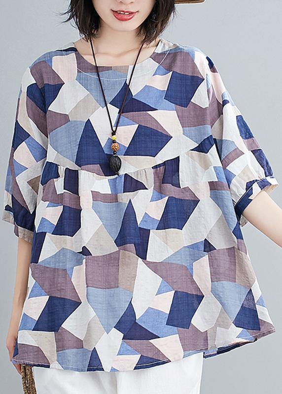 Classy o neck lantern sleeve linen summer tunics for women blue print shirts - bagstylebliss