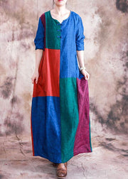 Classy o neck linen dress Wardrobes patchwork color Dress fall - bagstylebliss
