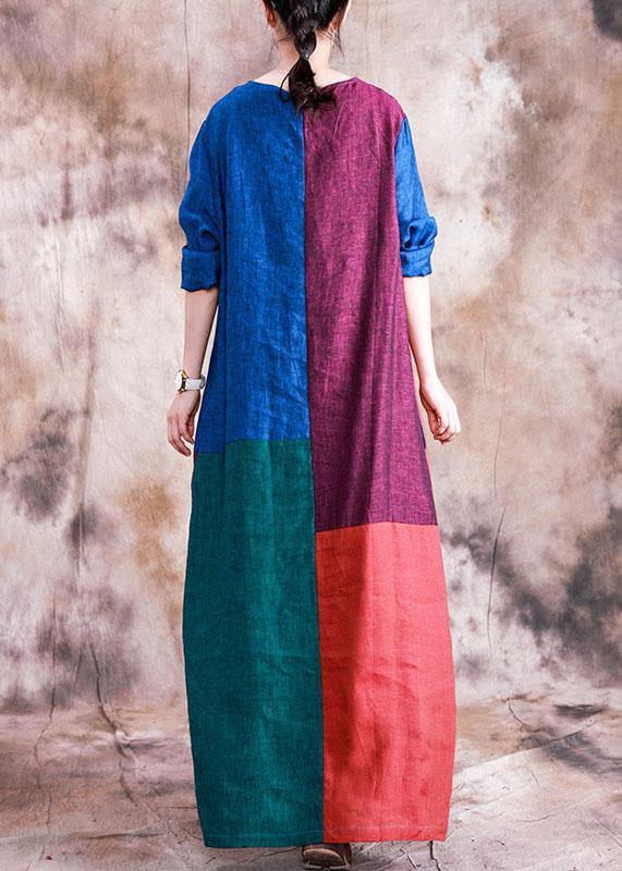 Classy o neck linen dress Wardrobes patchwork color Dress fall - bagstylebliss