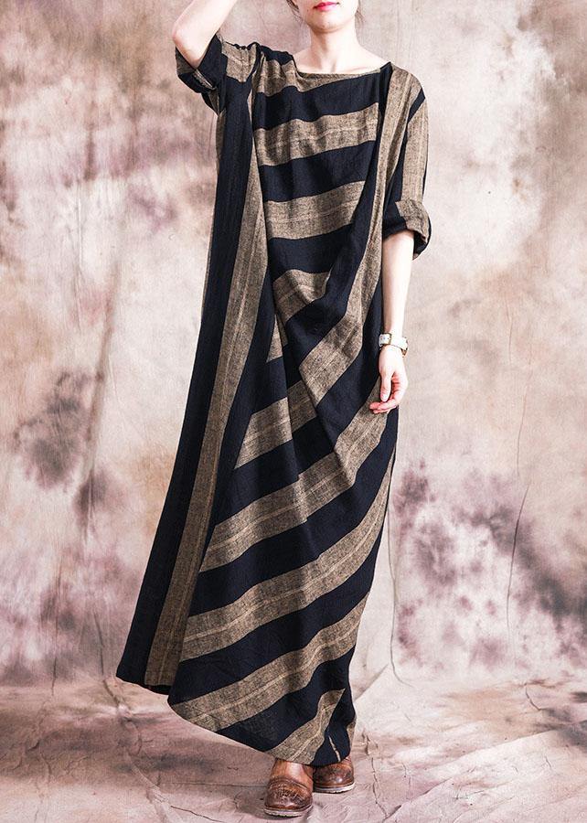 Classy o neck patchwork cotton clothes For Women Catwalk black striped Dresses fall - bagstylebliss