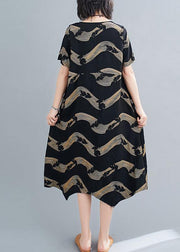 Classy o neck patchwork linen summer Robes Cotton black striped Dresses - bagstylebliss