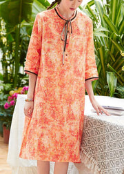 Classy o neck pockets half sleeve linen Wardrobes Sewing orange print Dress summer - bagstylebliss