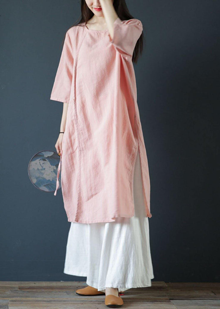 Classy o neck side open linen dress design light print Dresses - bagstylebliss