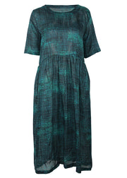 Classy o neck Cinched linen Robes plus size Photography blackish green long Dress Summer