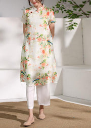 Classy orange floral linen clothes short sleeve Dresses o neck Dress - bagstylebliss