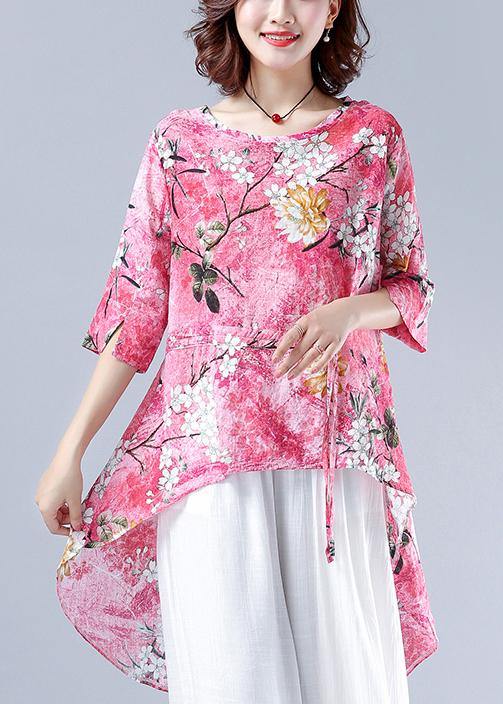 Classy pink Plant printing clothes For Women o neck asymmetric tops - bagstylebliss