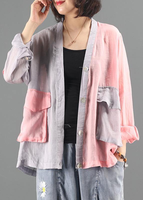 Classy pink patchwork clothes Sewing v neck pockets blouses - bagstylebliss