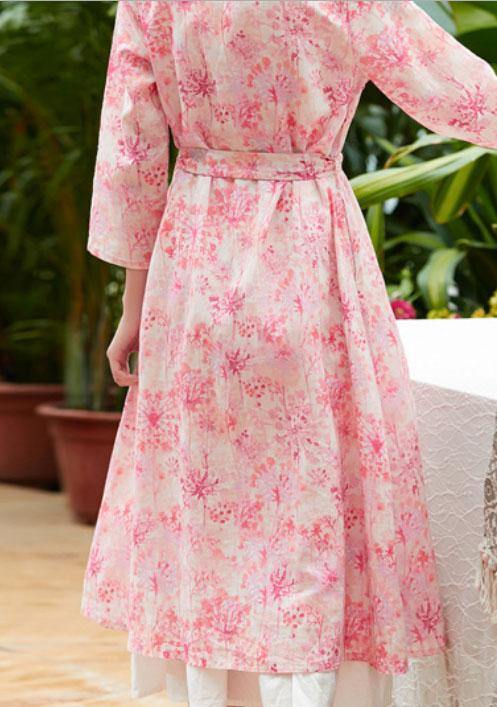 Classy pink print linen clothes v neck tie waist Maxi summer Dress - bagstylebliss
