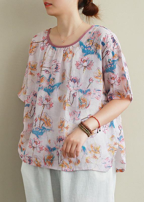 Classy print pink linen cotton clothes Neckline o neck summer top - bagstylebliss