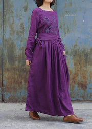Classy purple linen clothes For Women tie waist loose embroidery Dress - bagstylebliss