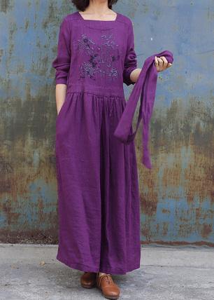 Classy purple linen clothes For Women tie waist loose embroidery Dress - bagstylebliss