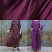 Classy purple linen clothes For Women tie waist loose embroidery Dress - bagstylebliss