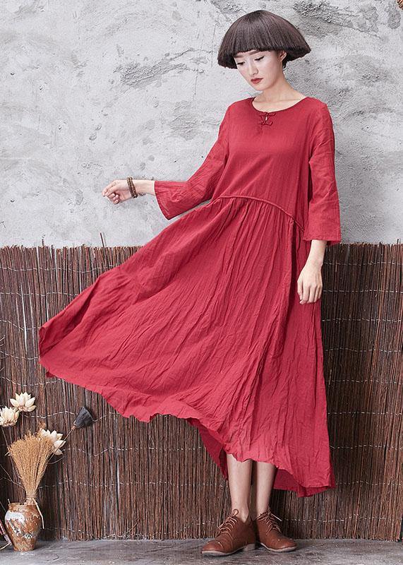 Classy red crop sleeve linen clothes layered Plus Size fall Dress - bagstylebliss