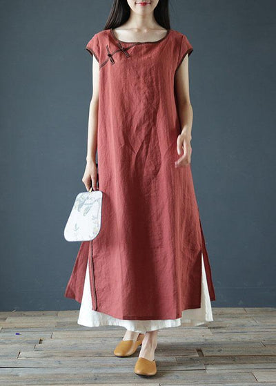 Classy red linen clothes For Women o neck side open long summer Dress - bagstylebliss