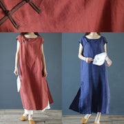 Classy red linen clothes For Women o neck side open long summer Dress - bagstylebliss