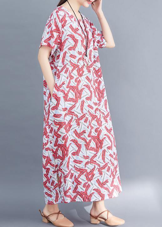 Classy red prints cotton tunic dressVintage Sewing side open Traveling summer Dresses - bagstylebliss