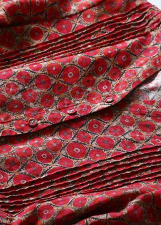 Classy red prints linen clothes v neck Art spring Dresses - bagstylebliss
