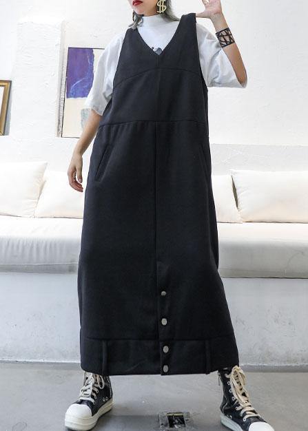 Classy sleeveless cotton dresses Tutorials black v neck long Dresses fall - bagstylebliss